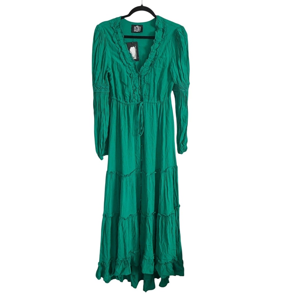 Luxe Bohemian Maxi Dress NWT Womens M Green Ruffle Crochet Lace Flowy Whimsigoth
